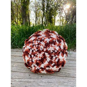 Vintage Brown and White Variegated Crochet Round Accent Pillow Hippy Boho